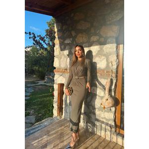 Robe pull moulante froncée kaki pour femme, col rond, taille naturelle, respirante, vente en gros - Product Image 6