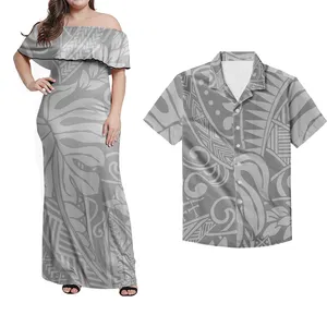 OEM Hot Sale Polynesian Amerikanisch-Samoa Tribal Print 2 Stück Set Paar Outfits Frauen Kurzarm Maxi kleid Match Herren Shirts