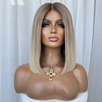 Perruque Pixie Bob 13x4 HD Lace en Cheveux Humains Blond Cendré Balayage Racine Ombrée Densité 150% Lisse Courte pour l'Été