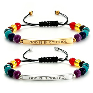 Pulsera <span class=keywords><strong>de</strong></span> 7 Chakras con Cordón Trenzado <span class=keywords><strong>de</strong></span> Piedras Naturales, Grabado con la Frase GOD IS IN CONTROL, Barra <span class=keywords><strong>de</strong></span> Acero Inoxidable Ajustable, Joyería Cristiana Unisex - Product Image 2