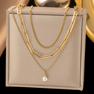 Promo Panas 2 Pcs/<span class=keywords><strong>Set</strong></span> Gelang Mutiara Berlapis Emas 3 Lapis Kalung Rantai Paperclip Baja Anti Karat <span class=keywords><strong>Set</strong></span> Perhiasan Wanita - Product Image 6