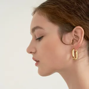 法国风格女装耳环批发休闲 18k 镀金黄铜空白椭圆形法令》圈耳环