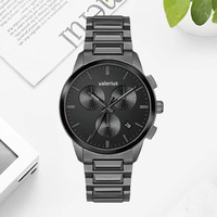 Valerius Jam Tangan Kuarsa Chronograph Pria Jam Tangan Bisnis Tahan Air 30M Tali Kulit Coklat Casing Emas Dial Putih