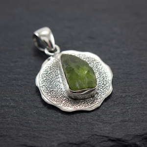 Rough <b>Peridot</b> Gemstone <b>Pendant</b> 925 Sterling Silver Bezel Set Textured Natural Stone Jewelry - Product Image 3