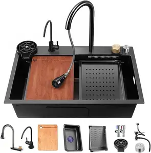 Black Waterfall Kitchen Sink Drop in Single Bowl Stainless Steel Bar Sink with Cup Washer Sinks Topmount Workstation Kitchen Si