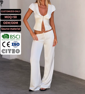 Women 2 Piece Satin <b>Set</b> Short Sleeve Top Wide Leg Pants <b>Square</b> Collar Casual Spring Summer Loose Fit Solid Color White - Product Image 1