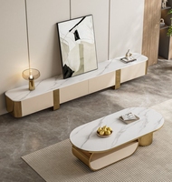 Ensemble de meubles de salon de luxe italien, table basse en marbre moderne et meuble TV extensible en acier inoxydable, design contemporain
