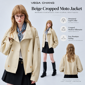 Giacca Moto Corta <span class=keywords><strong>Beige</strong></span> con Risvolto Strutturato, Doppiopetto, Spalline con Epaulet, Capospalla <span class=keywords><strong>Corto</strong></span> Minimalista, <span class=keywords><strong>Cappotto</strong></span> Funzionale - Product Image 1