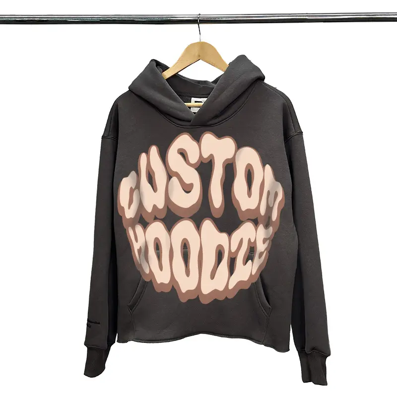 Oem Streetwear Puff Druck druck Acid Wash High Weight Boxy Raw Hem mit unterer Schnittkante Cropped Hoodie Men Custom Hoodies