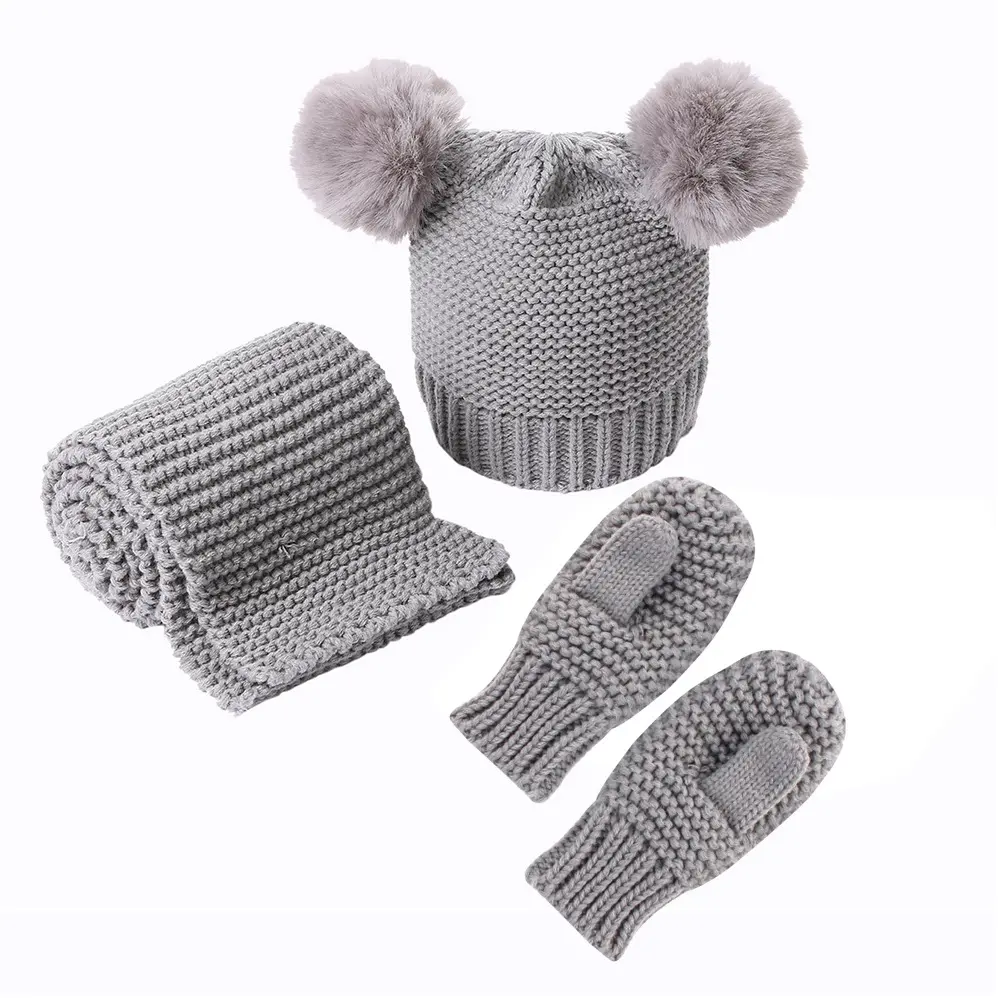 Conjunto de guantes y gorro para bebé, conjunto de bufanda y pompones de punto para invierno, calentador de cuello, 3 unidades, M3277