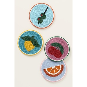 Juego de 4 Posavasos Artesanales con Cuentas y Diseños de Frutas Coloridas: Limón, Cereza, Naranja y Oliva, Bordados, Decorativos para Bebidas - Product Image 3