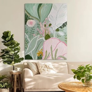 Pintura al óleo floral pintada a mano, arte botánico en lienzo verde y rosa para decoración <span class=keywords><strong>de</strong></span> sala <span class=keywords><strong>de</strong></span> estar - Product Image 1