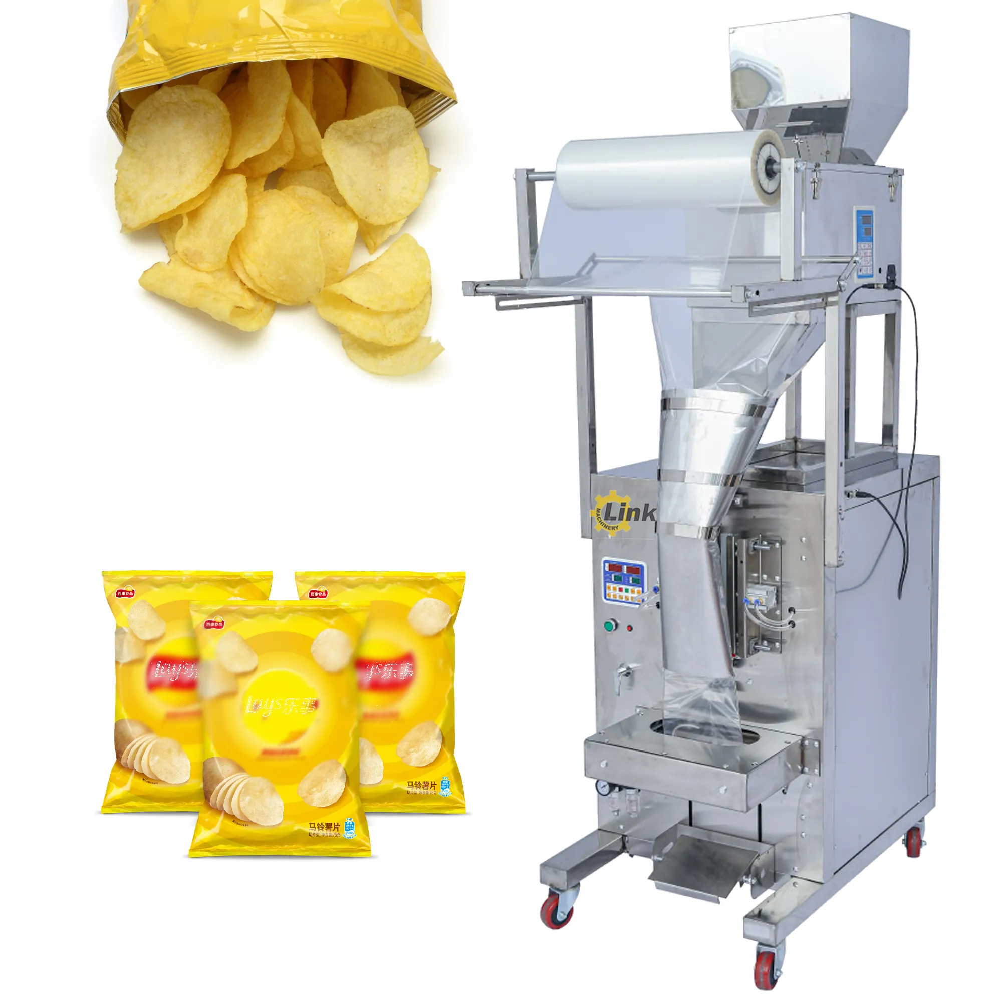 Полностью автоматическая многофункциональная вертикальная машина для упаковки рисовых зерен, орехов, попкорна, картофельных чипсов, азота