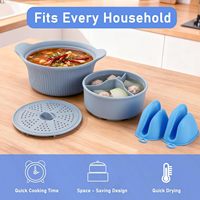 Cuiseur vapeur en silicone à 3 compartiments pour micro-ondes avec gants de four, cuiseur vapeur alimentaire en silicone pour micro-ondes avec panier vapeur pour la cuisson des légumes