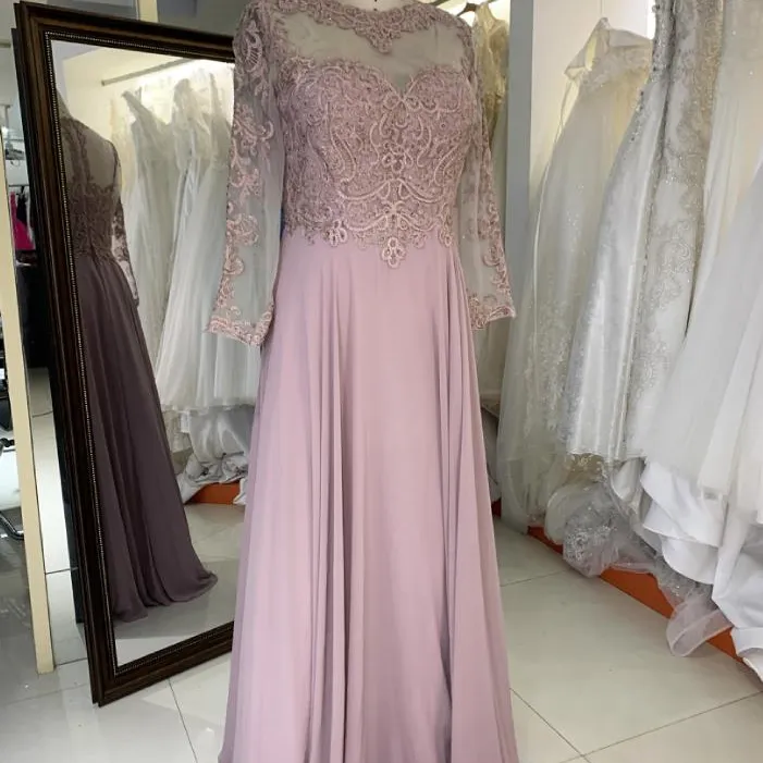 Dusty Rose plus size Embroidery long sleeve full back round neck chiffon skirt mother of the bride evening dresses