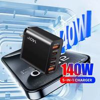 Cargador de Teléfono Móvil de 140W, 2 Puertos USB + 3 Puertos Tipo C, Carga Rápida QC3.0, Enchufe US/EU, Cargador Súper Rápido Dual de 35W