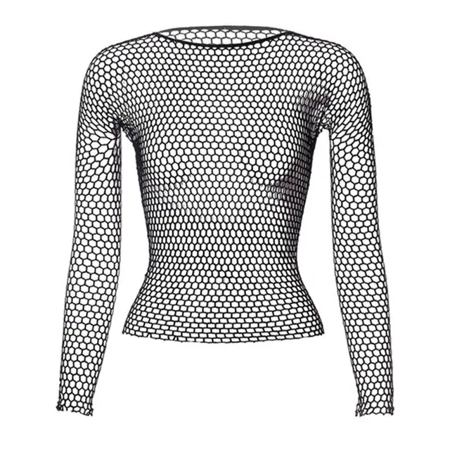 Gothic Fishnet Exposed T-Shirt Women Hipsters Vintage Casual Tops Loose Summer Sheer Mesh Tops T Shirt