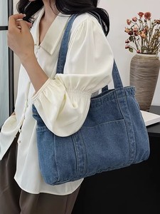 Sac fourre-tout décontracté en jean grande capacité pour femme, léger, avec fermeture éclair, polyvalent, idéal pour le shopping, les étudiants et les professeurs - Product Image 5