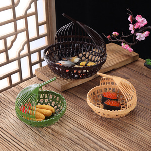 Creative Imitation Bamboo Woven Japanese Fruit Basket Round Snack <b>Plate</b> For Home Hotel Use Green Yellow Brown - Product Image 3
