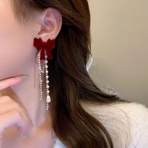 Fashion Jewelry Women <b>French</b> <b>Vintage</b> Wine Red Bowknot Rhinestone Pearl Tassel Stud Earrings Alloy Gold Plated Designer - Product Image 5