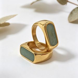 yunnique Geometric Square <b>Ring</b> 18K Gold Plated <b>Titanium</b> Steel Imitation Jade Bezel Setting Unisex Fashion Jewelry Gift - Product Image 1