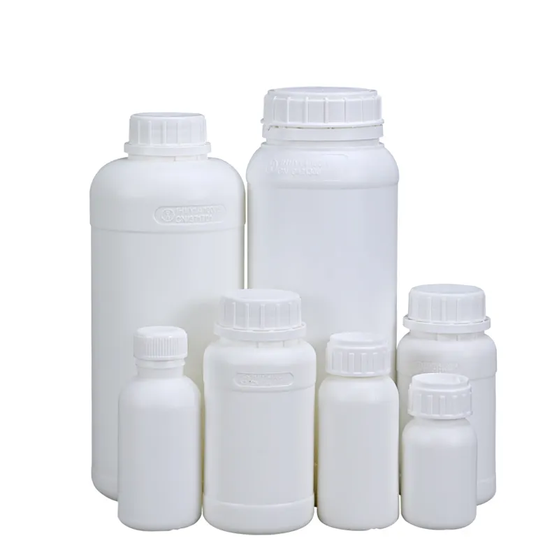 Botella redonda de plástico anticorrosión, tapa de botella blanca de 20ml, 50ml-25L de espesor, antipolvo fluorado