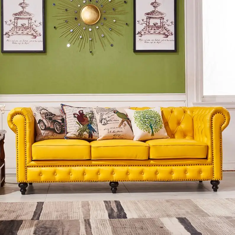 אירופאי סגנון צהוב עור ספה עץ ספה סט עיצובים עבור קטיפה ועור אמריקאי ספה כיסוי רהיטים בסין