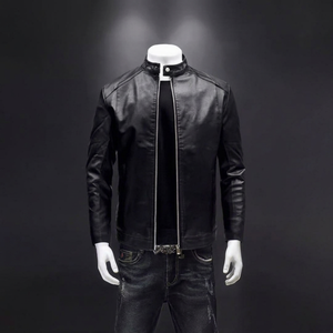 Chaqueta de Cuero PU Negra para Hombre, Cuello Alto, Cierre de Cremallera, Estilo Motero, Ajustada - Product Image 1