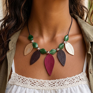 Boho Black Leather Cord Necklace Multicolor Leaf Pendant Smooth Oval Beads Women Vintage Daily Fashion Neck Jewelry - Product Image 5