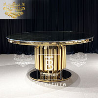 Table de luxe pour repas, mariage, miroir, verre, table ronde en acier inoxydable doré 6 places