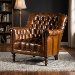 Luxury High Back Genuine Leather Arm Chair Solid Wood Frame Traditional Ergonomic Lounge Accent Chair Portable Outdoor Living - Product Image 2