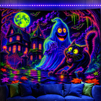 Tapisserie murale réactive aux UV personnalisée pour Halloween, effet phosphorescent sous lumière noire, motifs Château, Lune, Crâne, pour la décoration de festivals et de soirées DJ