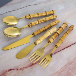 أطقم مقابض من الخيزران ، طقم أدوات مائدة فاخرة عالية الجودة من الفولاذ المقاوم للصدأ ، طقم سكاكين للمطاعم - Product Image 5