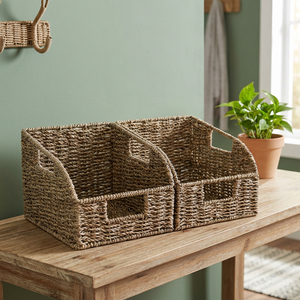 Panier de rangement en rotin tressé rectangulaire fait main style rustique 33x15x85cm à un seul niveau pour l'organisation du salon - Product Image 2
