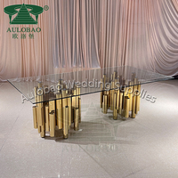 Table de banquet de mariage en acier inoxydable doré avec base au design unique en forme de tuyau, plateau rectangulaire en verre trempé – Derniers modèles de tables à manger