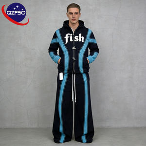 QZFSO Manufacturer Custom Contrasting Stripe Unisex Hooded Heavyweight Zip-Up Windbreaker 100% Cotton Track <b>Jacket</b> Pants - Product Image 1
