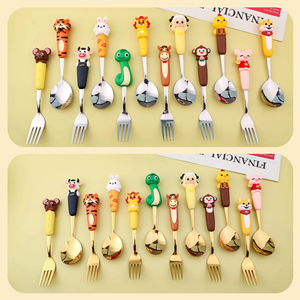 Forchette e Cucchiai per Bambini in Acciaio Inox 304 Placcato Oro con Manico in Plastica PP, Design Cartoon, Finitura a Specchio, Regalo per Feste - Product Image 6