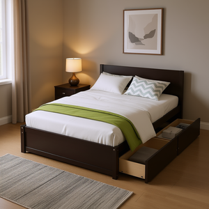 Lit double contemporain en bois massif avec lit gigogne simple et deux tiroirs, design moderne, cadre de lit avec rangement - Product Image 2