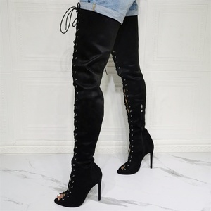 Bottes longues sexy à lacets pour femme, talon haut, bout ouvert, grande taille, idéales pour l'été et les jambes larges - Product Image 5