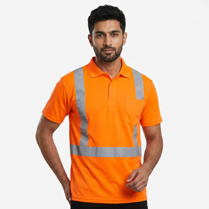 เสื้อโปโลแขนสั้นผู้ชาย Hi Viz สำหรับทำงาน ผ้าฝ้าย 100% สะท้อนแสงเพื่อความปลอดภัย ป้องกันรอยยับ พิมพ์ลายถัก สำหรับงานก่อสร้าง - Product Image 1