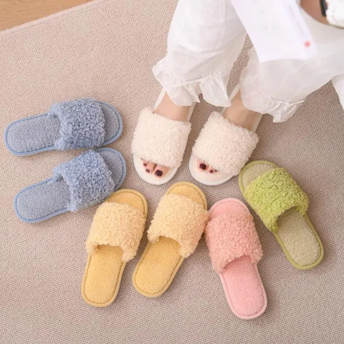 Autumn and winter new fashion Keep warm one word fluffy slippers Open Toe casual Coral velvet floor Cotton shoes