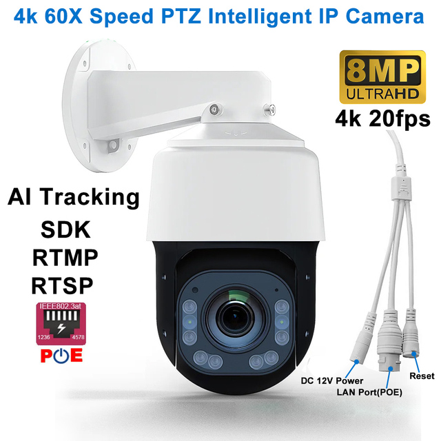 8MP 60X Zoom 20X Optical 3X Digital PTZ Network High Speed Camera AI Auto-tracking Two Way Audio PoE Outdoor 4K CCTV Camera