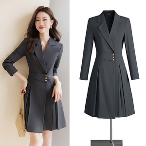 Women's Grey Suit Dress Notched Collar Pleated Waistline Anti-Wrinkle Career Dress For Office And Daily Wear - Product Image 1