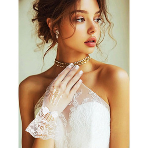 Gants en satin à nœud noir et <span class=keywords><strong>blanc</strong></span> en résille pour femmes pour les fêtes, les mariages, les bals, les soirées, les événements nuptiaux avec doigts - Product Image 3