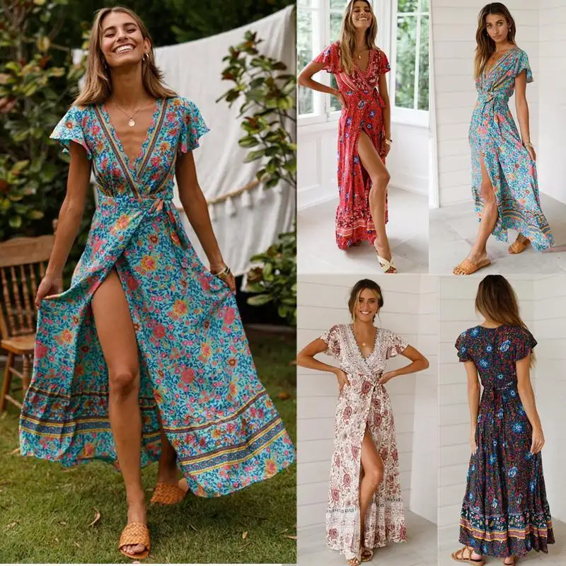 Phụ Nữ Quần Áo Ngắn Puff Tay Áo Thanh Lịch Cổ Điển Boho Ăn Mặc Hoa In Vành Đai Thiết Kế Giản Dị Phù Hợp Maxi Dresses Cho Phụ Nữ