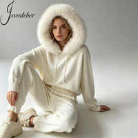 Jxwatcher Manteau en tricot de laine douce, pull de luxe à capuche en vraie fourrure de renard, ensemble deux pièces avec pantalon long, pull d'hiver personnalisé pour femme à épaules dénudées