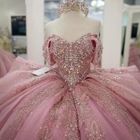 Glitzerndes Formelles Partykleid mit Perlenstickerei Süße 16 Kristall-Ballkleid Vestidos De 15 Anos Langes Schleppkleid Rosa Quinceanera-Kleider MQ739