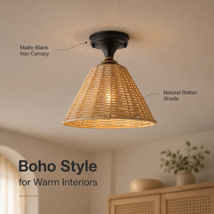 Lámpara de techo empotrada de ratán estilo boho, paquete de 2, hierro, pantalla natural, blanco cálido, decorativa para interiores, dormitorio, pasillo - Product Image 2