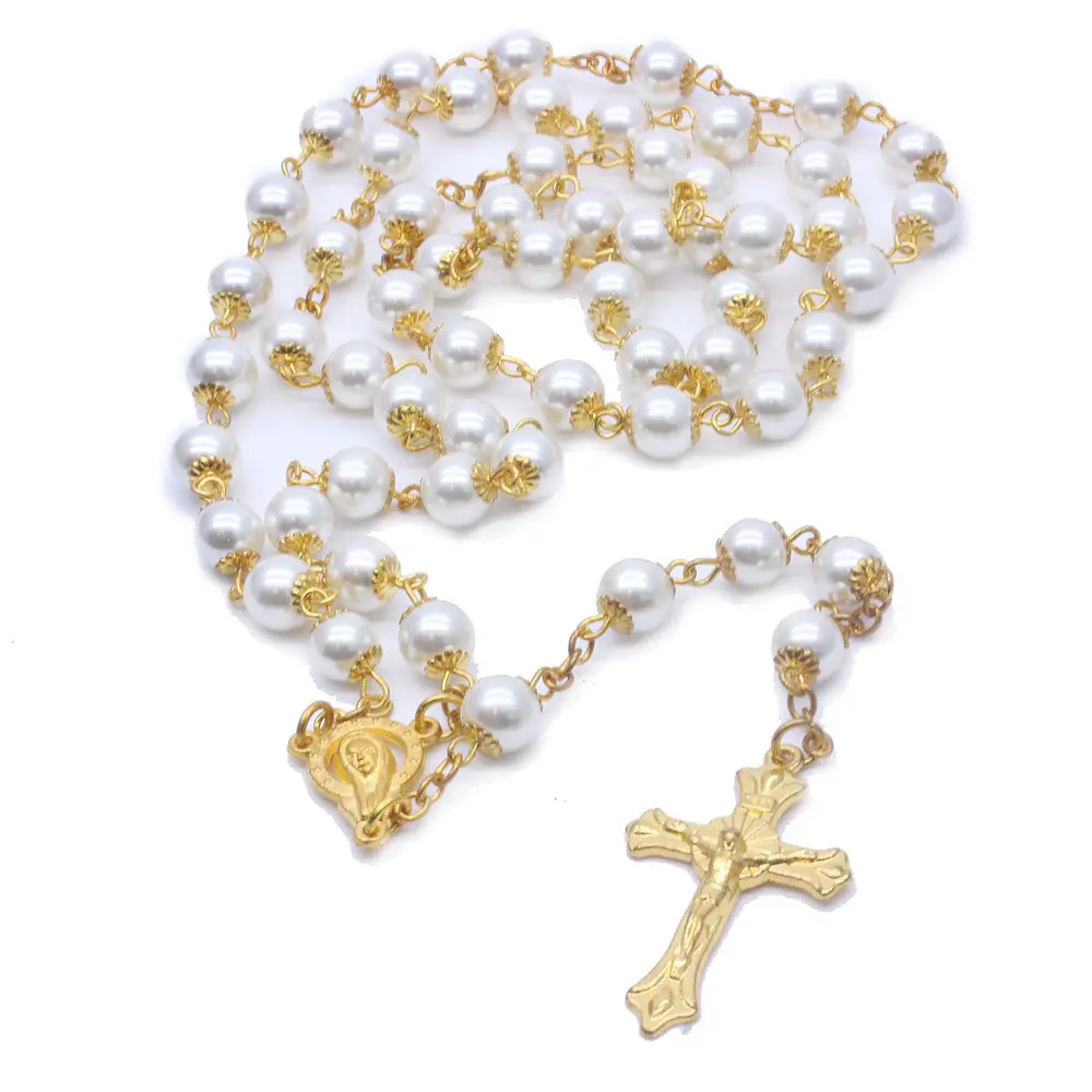 CJ collana croce all'ingrosso prezzo di fabbrica 8mm collana di perle d'oro rosario gioielli croce auto appeso