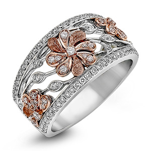 Anello da Donna Bicolore Traforato con Motivi Floreali, Stile Pavé Scintillante con Pietre, Gioiello da Dito alla Moda - Product Image 1